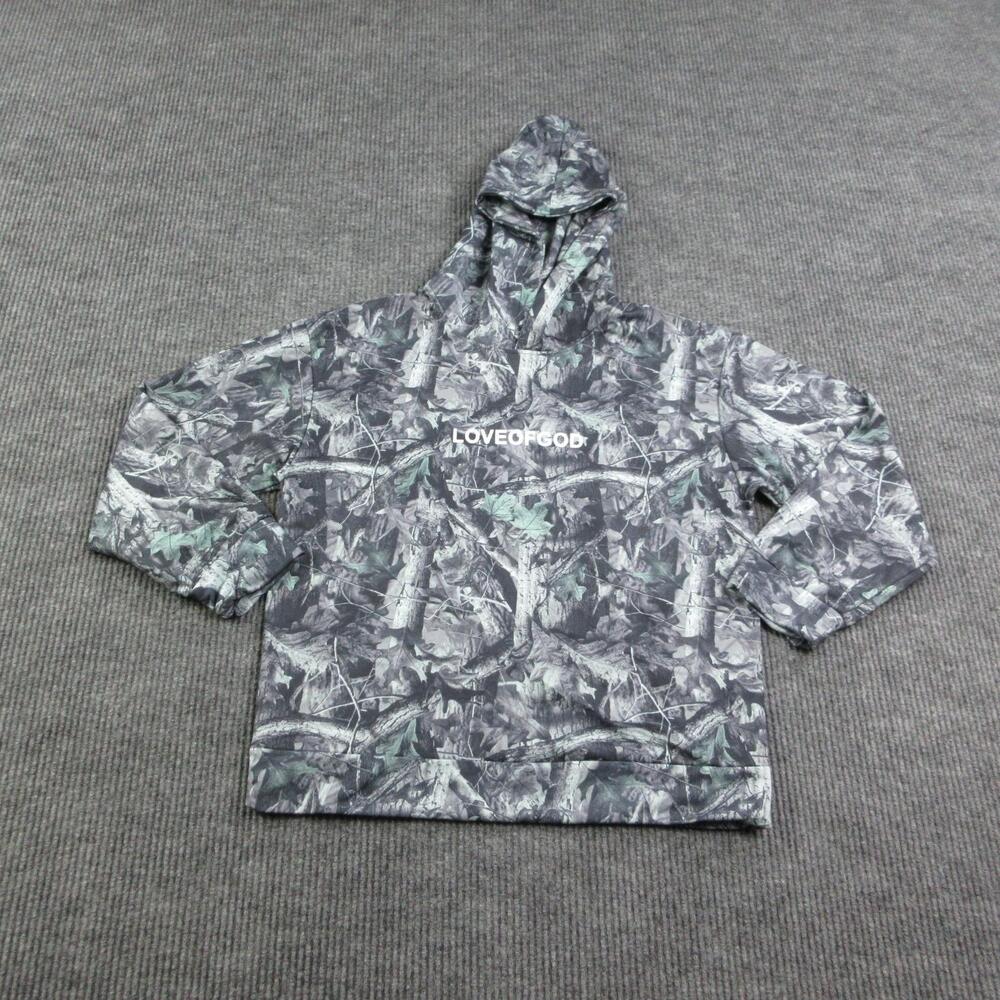 LOVE OF GOD Hoodie Mens L Gray Pullover Hooded Pockets Graphic Camouflage